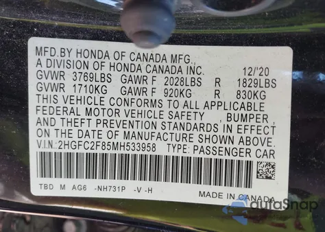 2021 Honda Civic Sport from USA, damaged, VIN 2HGFC2F85MH533958